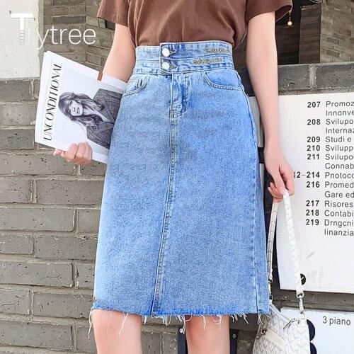 Trytree 2021 Spring Summer Casual Woman Skirt Denim High Waist Embroidery Letter Button Zipper A-line Knee-Length Skirts Women