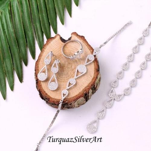 Woman Dainty Drop Zirconia 925 Silver Jewelry Set, Zirconia ring, Zirconia Bracelet, Zirconia Necklace, White Zirconia