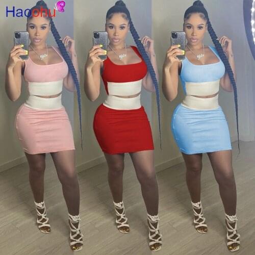 HAOOHU Women Skirts Set Patchwork Sleeveless Spaghetti Strap Slash Neck Zip Crop Tops Sheath Elastic Mini Skirts 2 Piece Sets