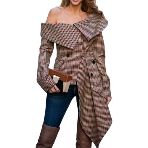 Women Crop Top Spring Summer New Womens Fashion Shirt Irregular Slash Neck Dew Shoulder Plaid Sexy Top Girl T-Shirts Donsignet