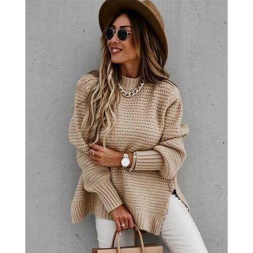 Women Solid Knitted Side Slit Mock Neck Sweater 2020 Winter Long Lantern Sleeve Basic Pullover Casual Female Loose Tops