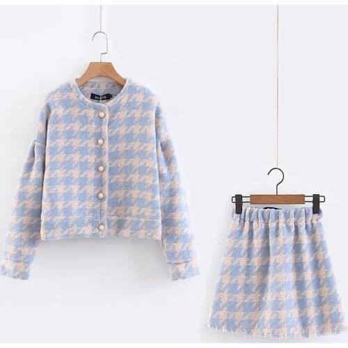 2020 New Womens Fashion Round Neck Single Row Pearl Buckle Houndstooth Tweed Short Coat + High Waist Fringed Skirt Suit