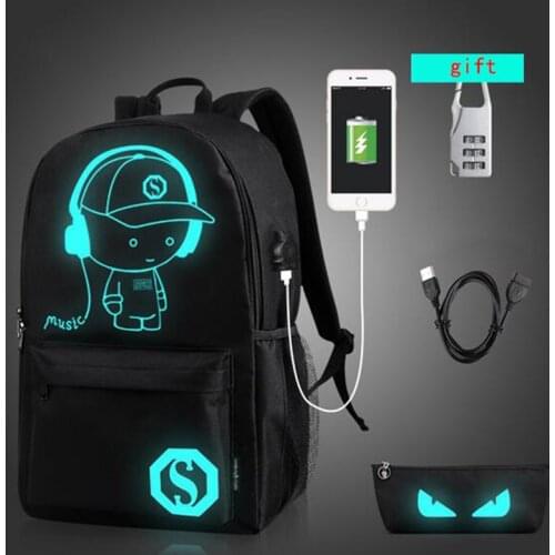 BAIBU New Men Women Backpack External USB Charge Laptop Backpack Fashion Noctilucent Cartoon School Bag Teenagers Anti-theft Bag
