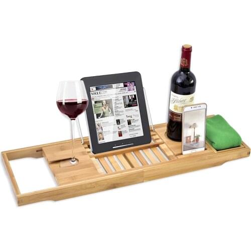 Bamboo Bathtub Caddy Tray with Book and Wine Glass Holder Bathtubs Storage Rack Bathtub Shelf Bathtub Support Drain Soap Holder