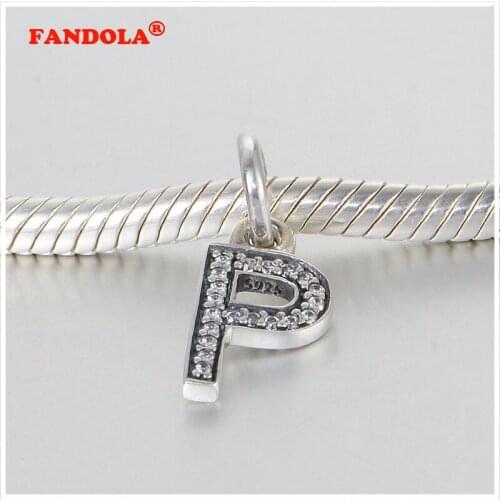 Letter P Clear CZ Beads Fits Pandora Bracelet 925 Sterling-Silver-Jewelry Alphabet Pendant Charm Beads for Jewelry Making LW350P
