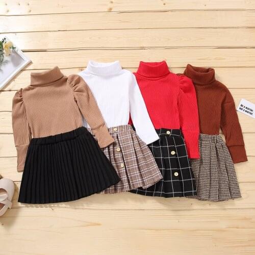 Fashion 2021 Autumn Toddler Girls Clothes Set Solid Color Long Sleeve Turtleneck Knitwear Sweater and Pleated Skirts 2PCS Outfit