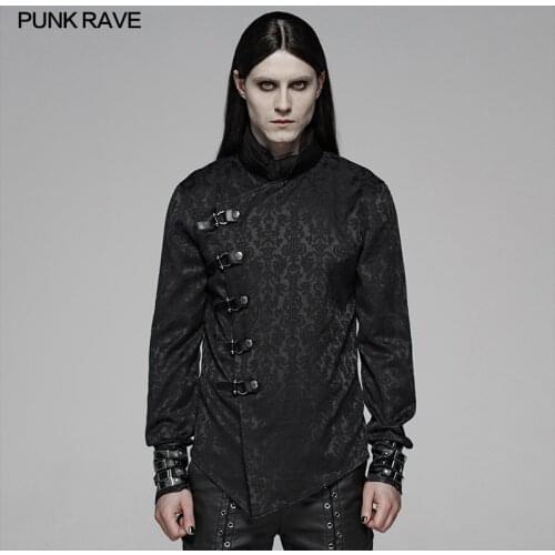 PUNK RAVE Mens Chinoiserie Steampunk Black Jacquard Bright Dragon Satin Shirts Gothic Party Club Long Sleeves Men Blouses Tops