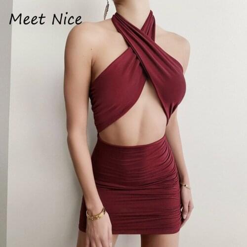 Sexy Halter Women Dress Lace Up Hollow Out Backless Ruched Mini Bodycon Dress for Women Evening Party Dresses Night Clubwear