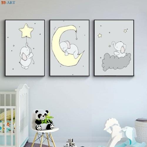 Elephant Moon and Stars Nursery Print Poster Canvas Painting Pale Yellow and Gray Kids Wall Decor Baby Room Decoration Picture