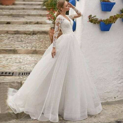 Elegant Wedding Dress A-Line V-Neck Full Sleeve Lace Appliques Sequined Button Floor Length Sweep Train Formal Bride Gown New