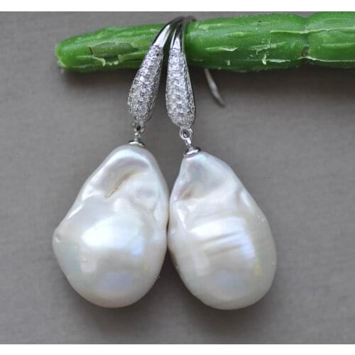 Z10073 24mm Drop White Keshi Reborn Pearl Dangle Earring CZ