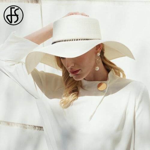 FS 2021 Foldable Women Oversized White Sun Hat Large Brim Summer Straw Hats Solid Color Travel Holiday Beach Hats wholesale