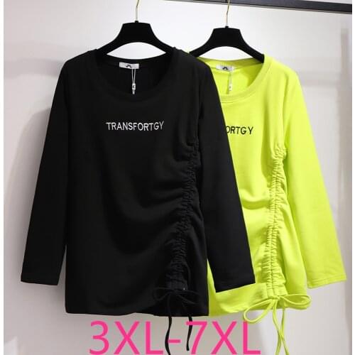 New Spring Autumn Plus Size Tops For Women Loose Long Sleeve Letter Cotton Drawstring O Neck T-shirt Green Black 4XL 5XL 6XL 7XL