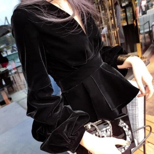 New fashion retro velvet shirt women V-neck Flounced waist lantern sleeve women tops