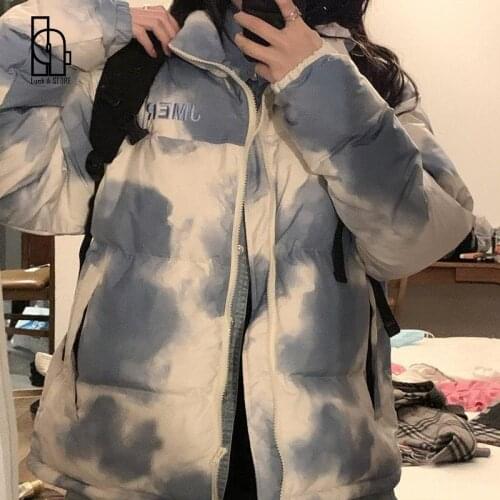 Women Short Style Parkas Ins Chic Tie Dye Oversize Coat Winter Woman Clothing All-match Loose Outwear Female Warm Thicken Clothe