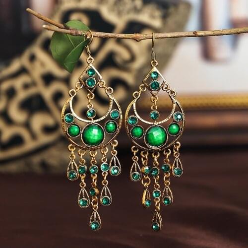 Retro Green Rhinestone Beaded Earrings india Gypsy Jewelry Bohemia Ethnic Gold Metal Hollow Tassel Dangling Earrings For Women