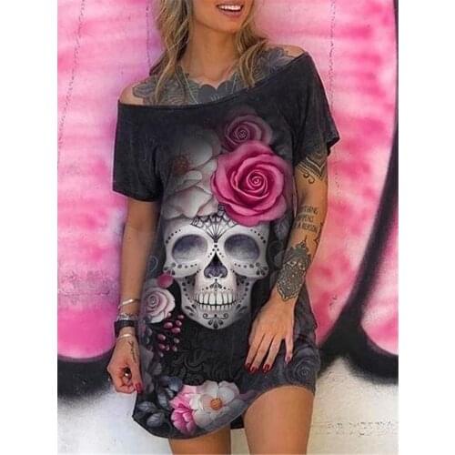 Skull Flower Print Dress Women Off Shoulder Sexy Mini Dress Summer Casual Streetwear Short Sleeve Gothic Style Plus Size Dresses