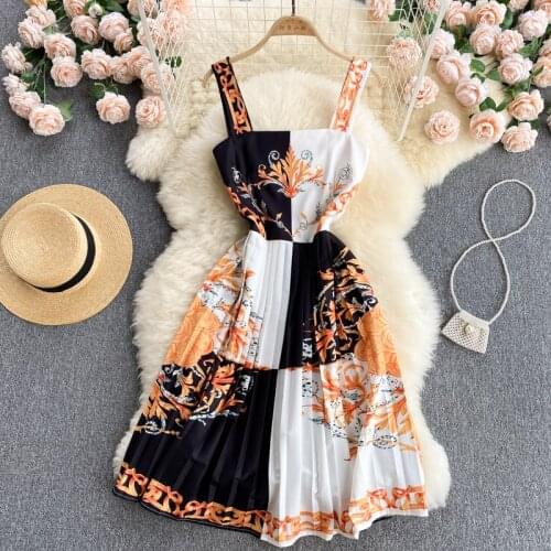 Fashion Designer Runway Dress Women Vintage Floral Print Midi Party Dress Spaghetti Strap Sleeveless Pleated Dress Summer 2021