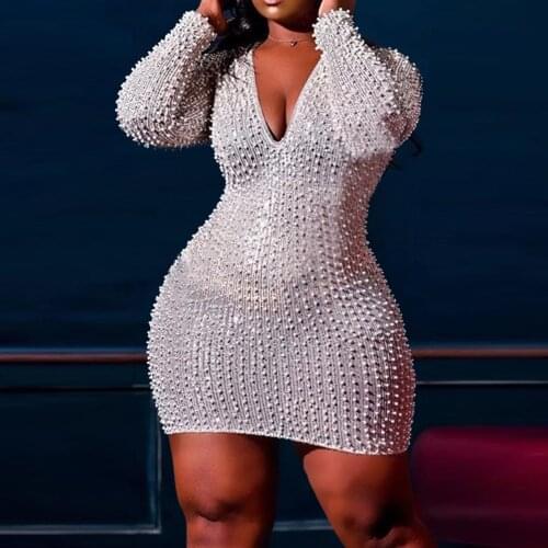 Long Sleeve Sequined Slim Mini Evening Dress Bodycon Deep v Neck Elegant Sexy Evening Night Club Wear Vestidos Mujer Dresses Hot