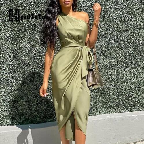 Sexy One Shoulder Ruched Design Party Dress Women Solid Sleeveless Mid-Calf Night Club Dress Vestidos De Fiesta