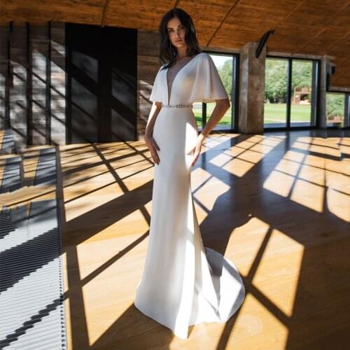Elegant Mermaid Jersey Wedding Dress 2021 V-Neck Sweep Train Beading Sashes Batwing Sleeve Bridal Gowns Robe De Mariée