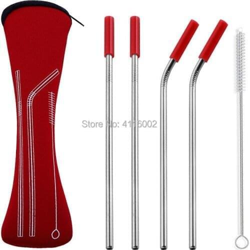 50 Sets 4pcs/set Reusable Stainless Steel Straws With Silicone Tips With Clean Brush & Cloth Bag Wedding Party Straw