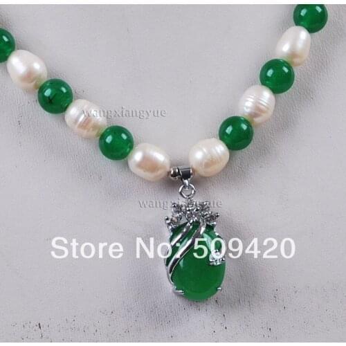 Free Shipping Wholesale>>>White Akoya Cultured Pearl/Green stone pendant(15X25mm) necklace