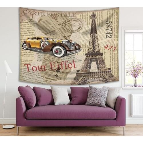 Tapestry Paris Eiffel Tower and Vintage Car Image on Old Newspaper Aged Postcard Beige Yellow Brown Artwork Printed