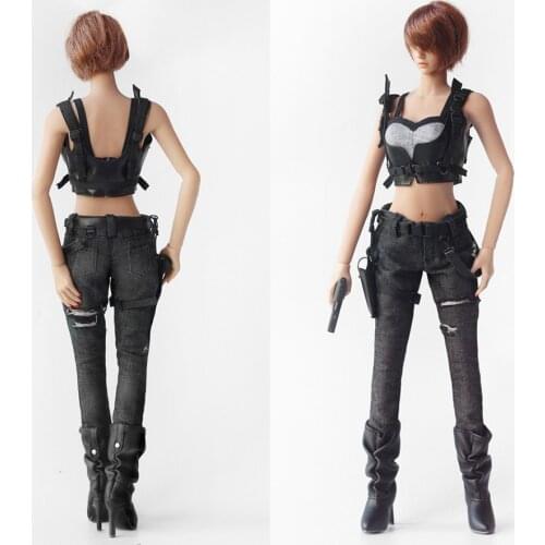 Hot Sells HP058 1/6 Female Black Combat Suit Top Pants Holster Belt Set Fit 12'' Female Soldier Action Figure Body
