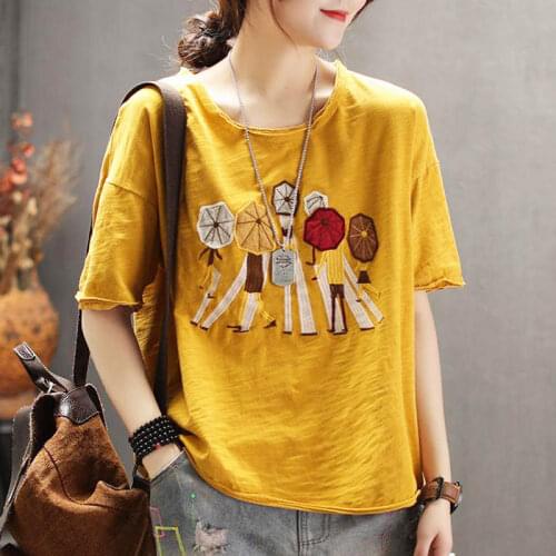 Cotton Retro Plus Size Loose Short-sleeved T-shirt Women Summer 2021 Korean Version New Embroidered Flower Top