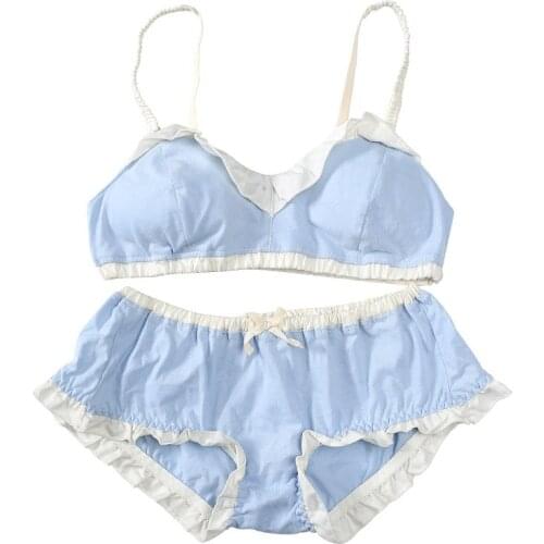 100% Cotton Comfortable Cute Bra & Panties Set Ruffles Trim Wirefree Soft Underwear Sleep Intimates Set Kawaii Lolita 4Colors