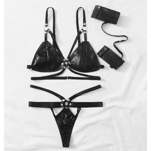 3PC Erotic Hollow Out Bra And Briefs Underwear Set Women Sexy Leather Lingerie Set With Bracelets Temptation Lenceria Sexy Mujer