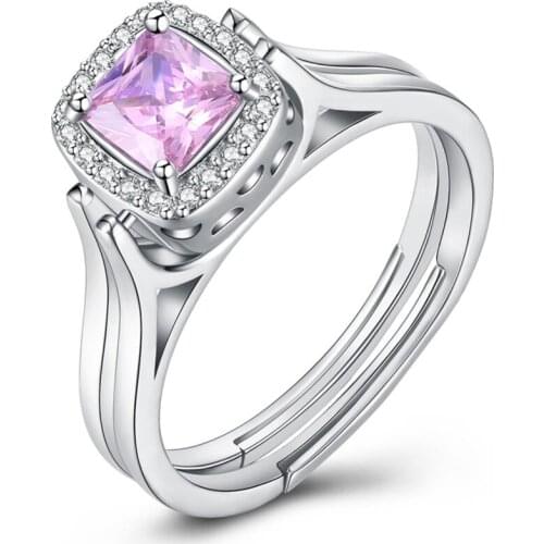 Creative Rotatable Double Rings Women 925 Sterling Silver Square Pink White Crystal CZ Rings Casual Lady Girl Party Silver Rings