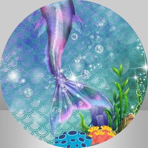 Circle Round Backdrop Mermaid Background Baby Shower Birthday Photography Backdrop Under Water Coral Shell Scales Blue Photocall