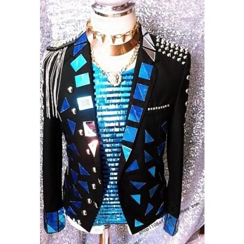 New Styly Male Mirror Lens jacket Rivet Epaulet Tassels Stage show costume Nightclub Dj singer blazer outerwear