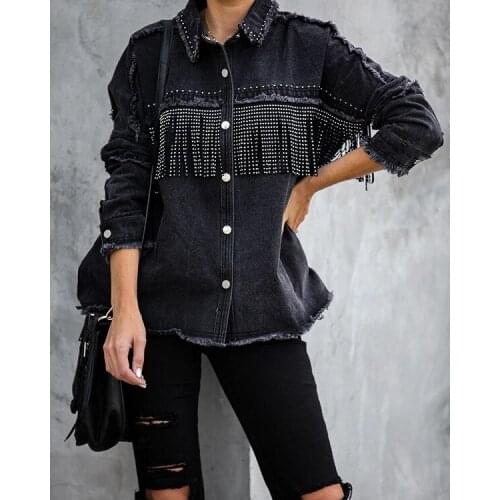 Autumn / winter European and American jean jacket denim jacket women black long-sleeved women winter jacket top with tassels
