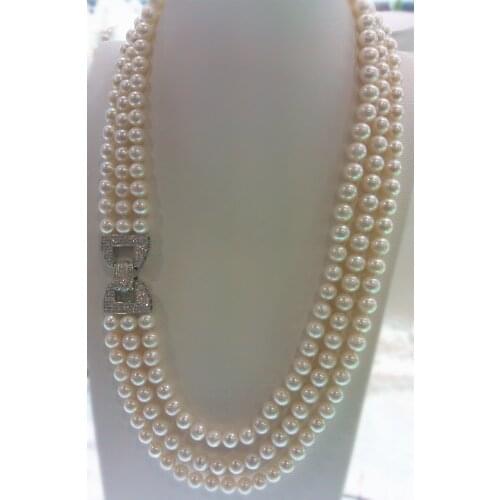 Wholesale high quality 3rows natural AA 9-10mm white freshwater pearl necklace 002