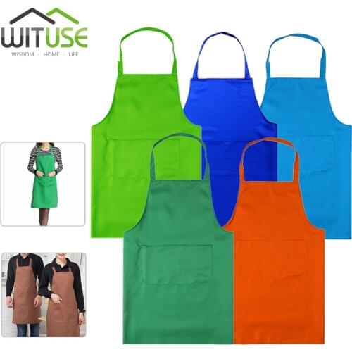 Thicken Cotton Polyester Blend Cooking Baking Kitchen Bib Apron With Pockets Black Blue Green Red Yellow Orange Plain Apron