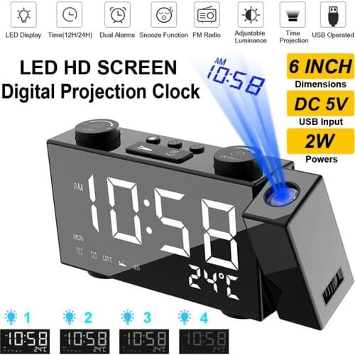 Projection Clock Digital Alarm Clock with Snooze Function Thermometer 87.5-108 MHz FM Radio USB/Batterys Power Table LED Clock