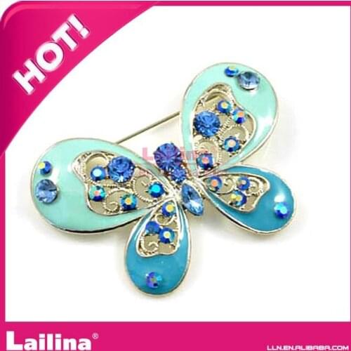 Blue butterfly shape rhinestone brooch