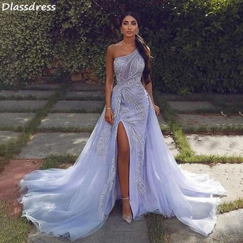 Light Purple Evening Dress Mermaid One Shoulder Sexy Split Sequin Sweep Train Backless Tulle Prom Dress вечернее платье