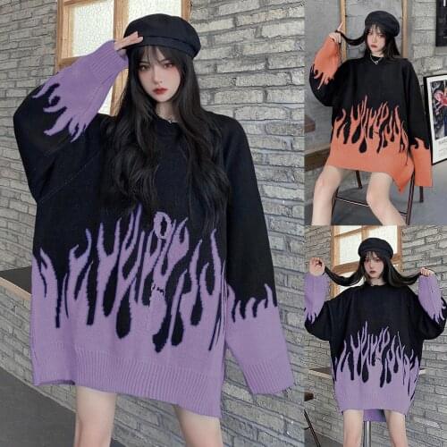 Autumn Winter Harajuku Women Sweaters Flame Knit Batwing Sleeve Sweater Casual Long Female Tide Printed Loose Pullovers dropship