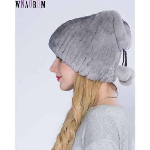 WNAORBM Real Rex Rabbit Fur Hats Fashion Lady Hat ear protector Keep Warm Latest Winter Nature Fur hat