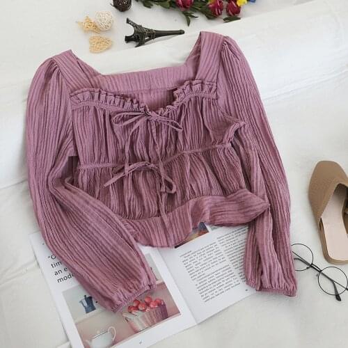 Women Slash Neck Lantern Sleeve Basic Ruffles Shirt Vintage Short Elastic Slim Bandage Strap Pullover Pleated Chic Blouse Tops