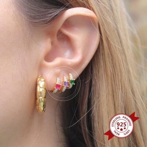 Romantic Red/Blue/Green Zircon Crystal Gemstones Hoop Earrings for Women Ear Buckle Circle Earrings 925 Sterling Silver Jewelry