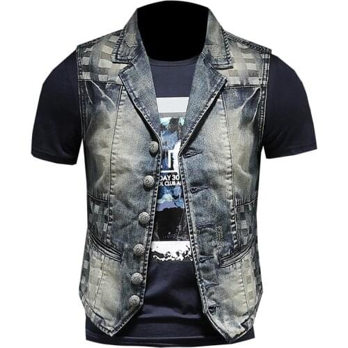 Primavera Verano estilo europeo Retro Colorblock azul ajustado Denim traje chaleco hombres chaleco Jean chaqueta chaleco Casual