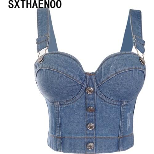 SXTHAENOO Fashion Sexy Denim Jeans Womens Button Bustier Bra Night Club Party Cropped Top Vest Plus Size