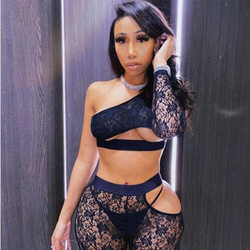 2020 Long Sleeve One -Shoulder Patchwork Lace womens top trouser suit 2 Pieces Set Autumn Winter Women Sexy Party Tracksuit