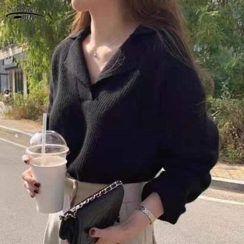 Autumn New 2021 White Casual Loose Turn-down Collar Women Knitted Jumpers Full Sleeve Female Solid Chic Pullover Sweaters 17229