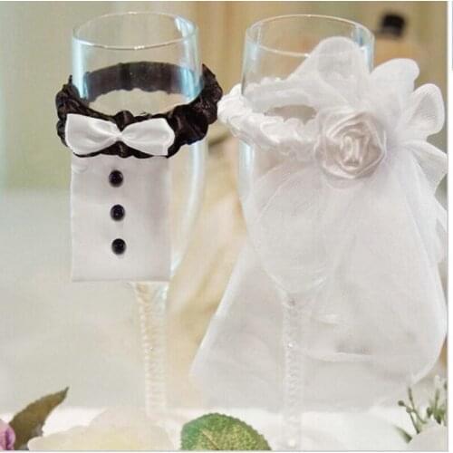 2Pcs/Set Bridal Veil Bow Tie Bride & Groom Tux Bridal Veil Wedding Decoration Party Toasting Wine Glasses Decor Party Gifts